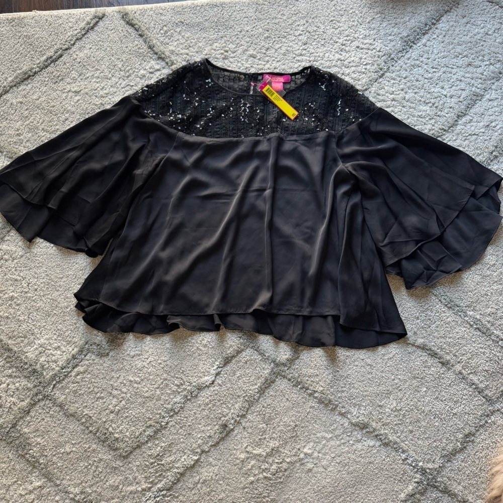 Catherine Malendrino Cora black sequin silky top party blouse flutter XL new
